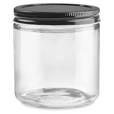 16 OZ STRAIGHT SIDE GLASS JAR W/ BLACK METAL LID |12 Pack